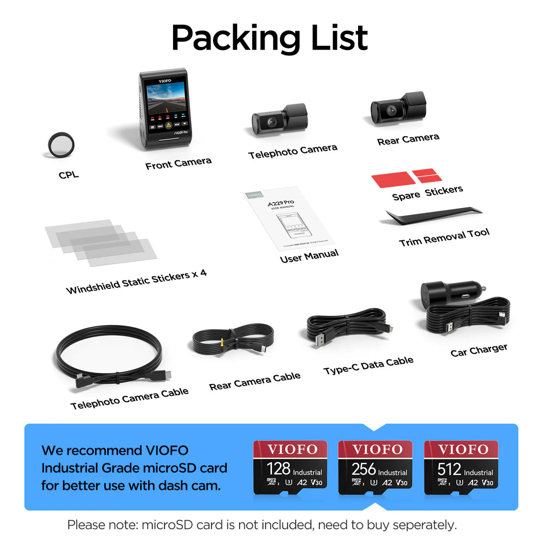 [Installed] Viofo A229 Pro TELE 3CH 4K+2K+1080p 256GB Mega Package