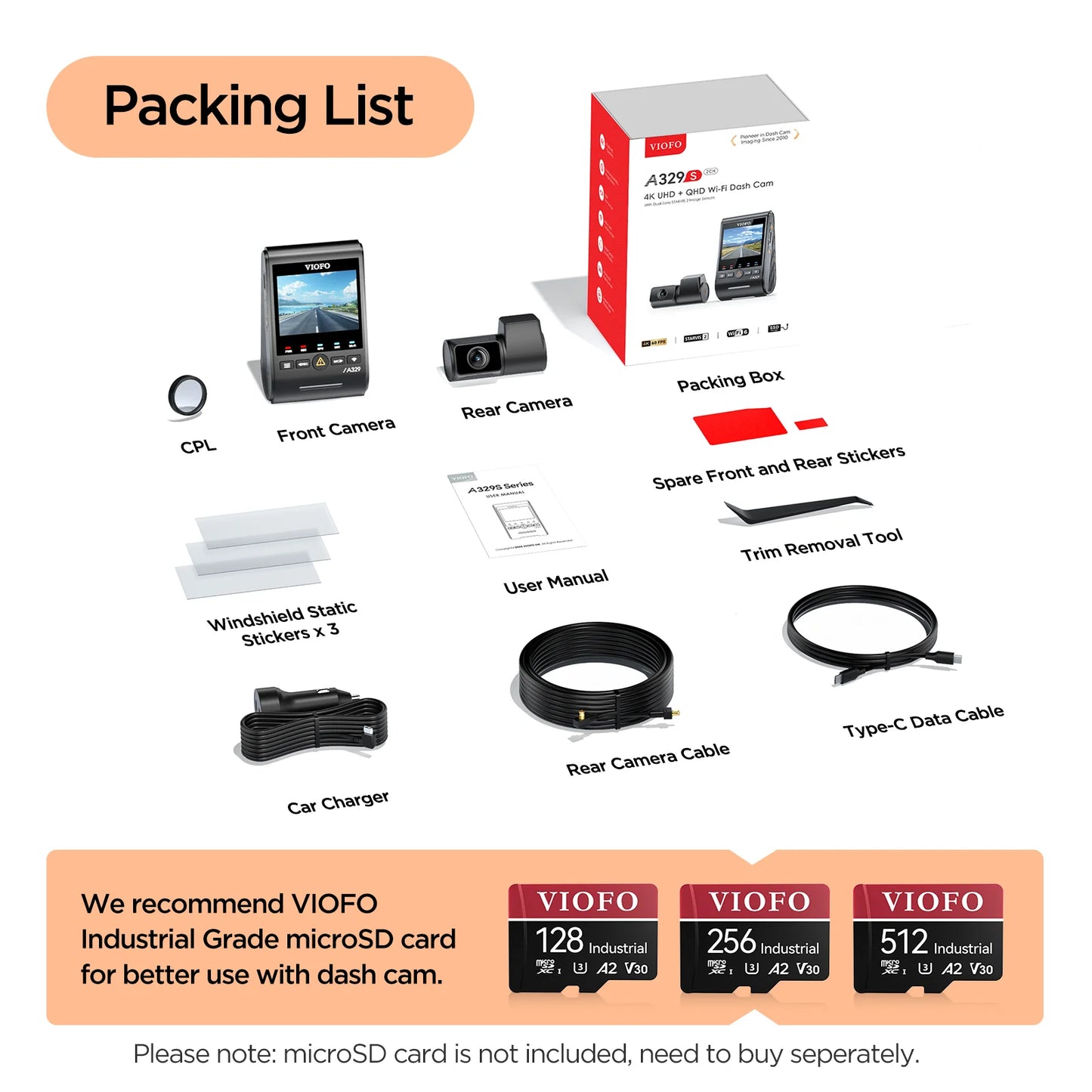 [Pre-Order] VIOFO A329S 2CH 256GB 4K 60FPS+2K HDR Dash Cam with Sony STARVIS 2 Sensor, Built-in Wi-Fi 6 and GPS, Support SSD Storage, Low Power Impact Detection, Hybrid Parking Recording