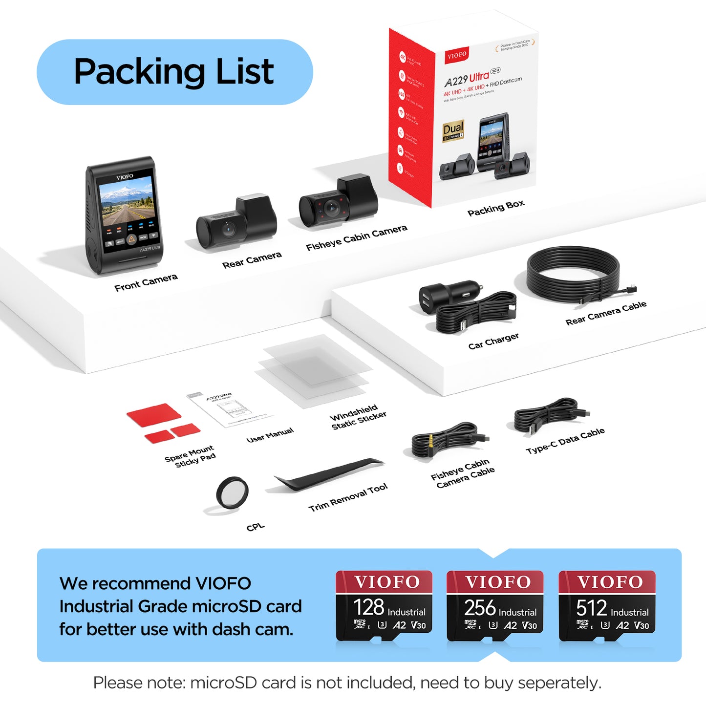 [FREE HK4 Hardwire Kit] VIOFO A229 Ultra 3CH Dual 4K + 210-degree Fisheye Interior Cabin Camera HDR Dash Cam with Sony STARVIS 2 Sensor, 2-Channel HDR, Ultra Fast 5GHz Wi-Fi & Precise GPS, Smart Voice Control