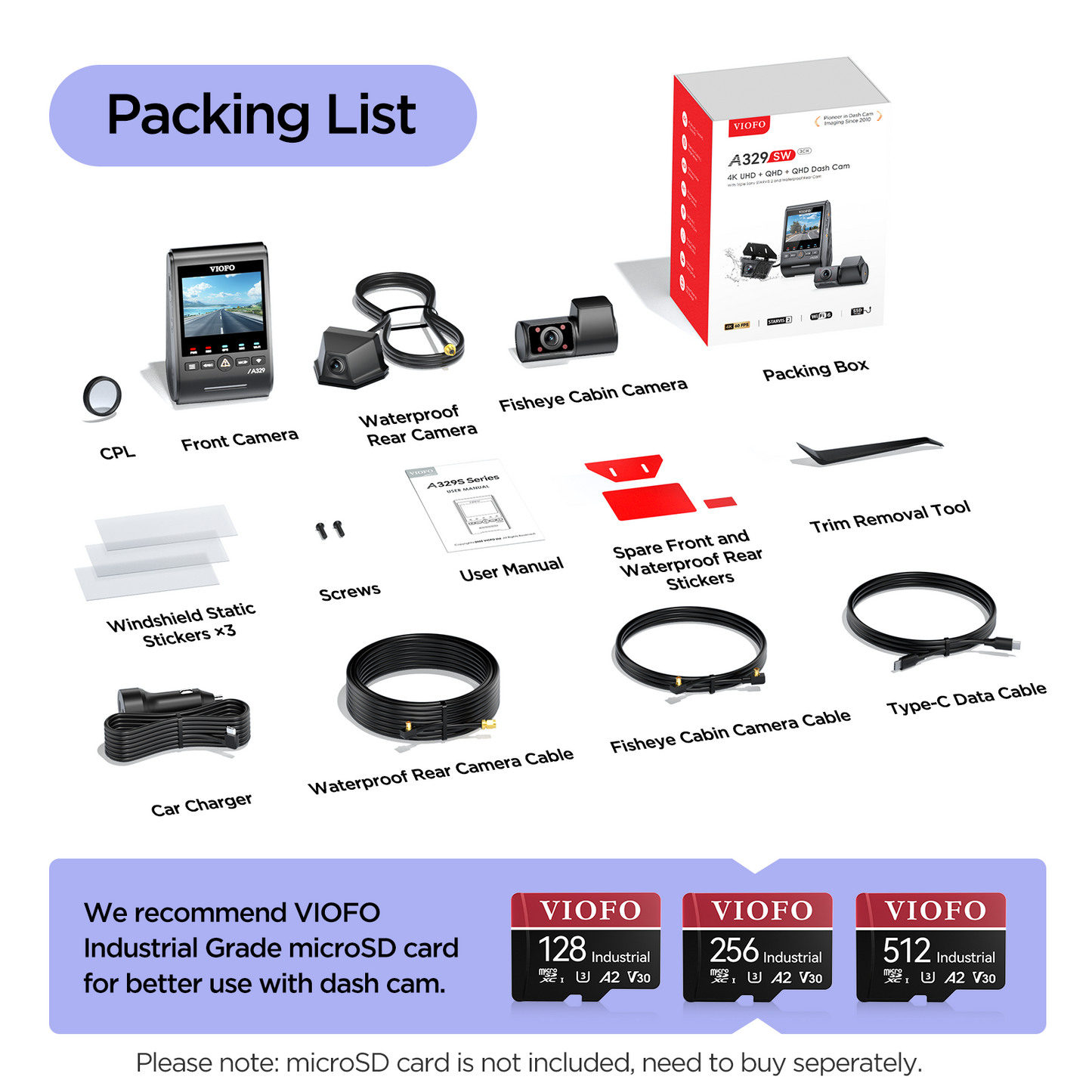 [FREE HK6 Hardwire Kit] VIOFO A329SW 3CH 4K 60FPS+2K Fisheye Cabin Interior+2K Exterior Waterproof Rear Camera HDR Dash Cam with Sony STARVIS 2 Sensor, Built-in Wi-Fi 6 and GPS, Support SSD Storage, Low Power Impact Detection, Hybrid Parking Recording